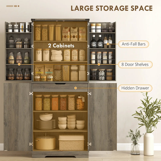 72 Inch Kitchen Pantry Cabinet, Farmhouse Storage with 4 Doors, Drawer, Grey Kitchen Pantry Cabinets Light Ivory Grey at Gallery Canada