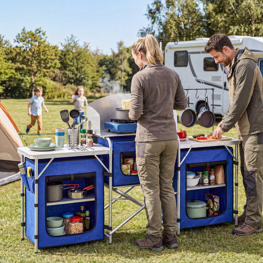 Portable Aluminum Camping Table, Fabric Cupboards, Windshield, Blue Picnic Tables & Camping Chairs Blue, Silver at Gallery Canada