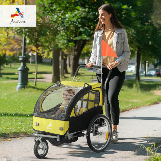 2-in-1 Bike Trailer, Foldable 2-Seat Stroller, 5-Point Harness, Yellow Kids Bike Trailers Yellow, Black, Silver at Gallery Canada