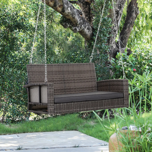 2-Person Patio Swing, Outdoor Rattan Hanging Bench with Cushion, 7.2 ft Steel Chains, Grey Hanging Porch Swings Mixed Grey at Gallery Canada
