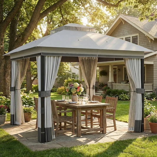 10' x 10' Light Grey Patio Gazebo, UPF50+ Double Roof With Netting, Light Grey Gazebos Light Grey at Gallery Canada