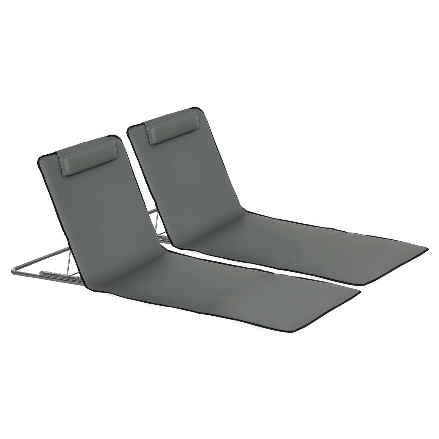 Set of 2 Folding Sun Lounger Chairs, Adjustable Back, Steel Frame, Head Pillow, Carry Bag, Grey Beach Accessories at Gallery Canada