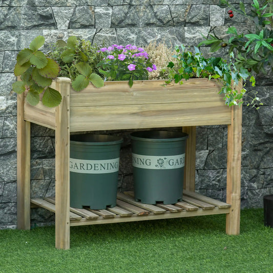 Elevated Wooden Planter Box With Legs And Storage Shelf, Green
