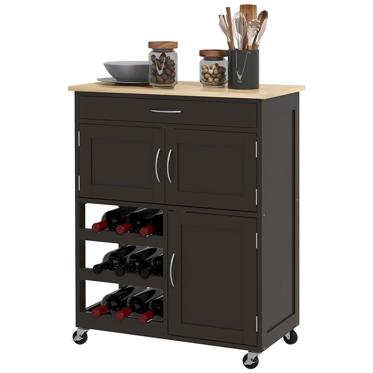 Rolling Kitchen Cart, Island with Storage Drawer, 9-Bottle Wine Rack, Black Kitchen Islands & Kitchen Carts at Gallery Canada