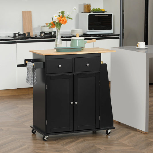 Rolling Kitchen Island Cart, Rubber Wood Top, 3-Tier Spice Rack, Black Kitchen Islands & Kitchen Carts Black, Nature at Gallery Canada
