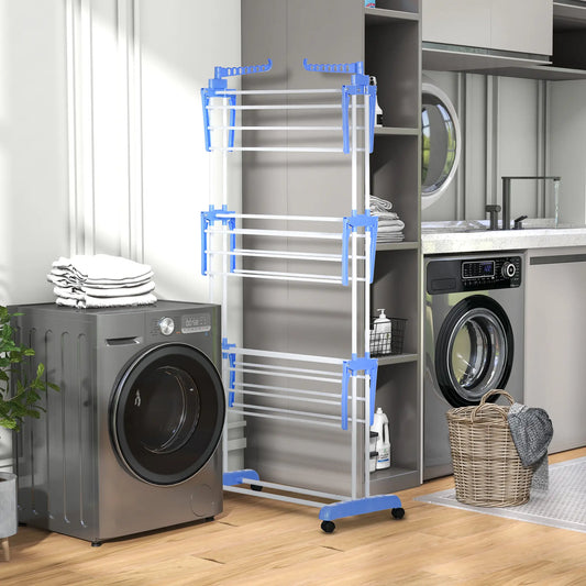 Foldable 4-Tier Steel Clothes Drying Rack, 2 Side Wings, 4 Castors, Indoor Outdoor, Blue Bath Accessories Blue, Silver at Gallery Canada