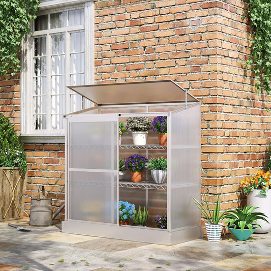 Aluminum Cold Frame Greenhouse, Openable Top, 2 Shelves, Indoor Outdoor Greenhouses Silver at Gallery Canada