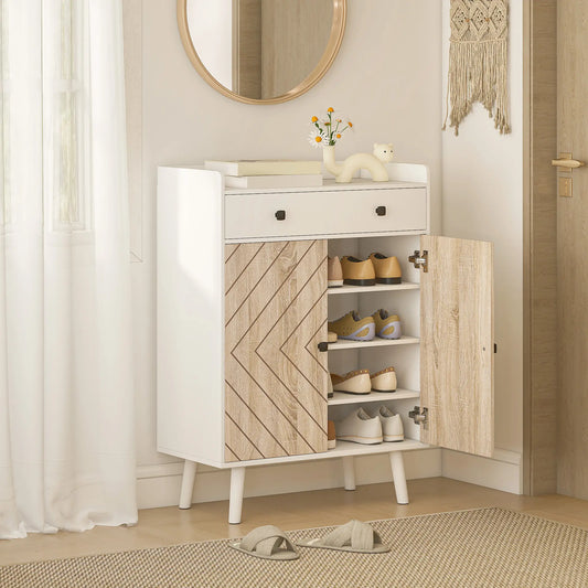 Modern Shoe Storage Cabinet, Adjustable Shelves, Drawer for 12 Pairs, White Shoe Storage Cabinets & Racks White, Natural at Gallery Canada