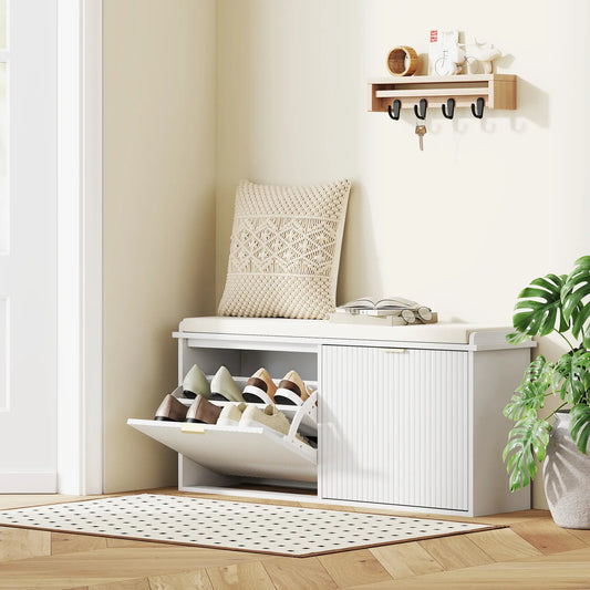 Entryway Bench with Padded Seat, Flip-Drawers, Holds 529lbs, White Shoe Storage Cabinets & Racks White, Beige at Gallery Canada