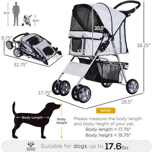 4 Wheel Dog Pet Stroller Dog Cat Carrier Folding Sunshade Canopy with Brake, Grey - Gallery Canada