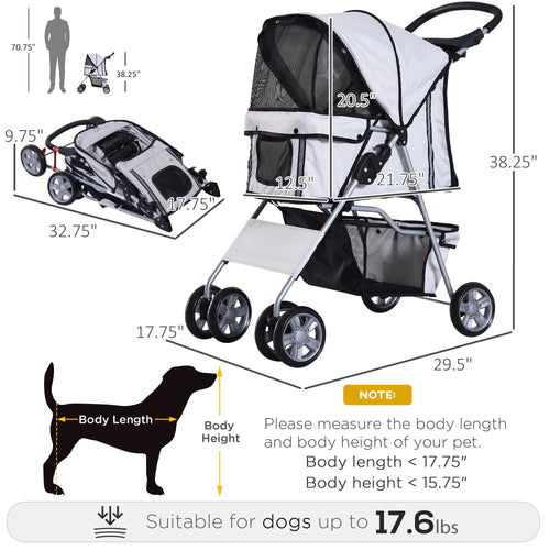 4 Wheel Dog Pet Stroller Dog Cat Carrier Folding Sunshade Canopy with Brake, Grey