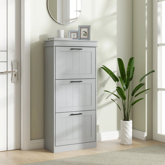 Slim Shoe Cabinet, 3 Flip Drawers, Adjustable Shelves, 15 Pairs, Grey Shoe Storage Cabinets & Racks Grey at Gallery Canada