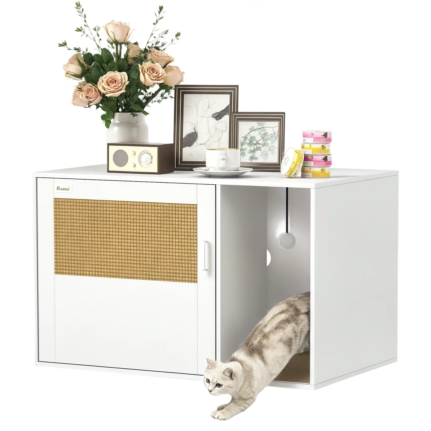 Cat Litter Box Enclosure, End Side Table with Rattan Door, Scratching Pad, White Cat Litter Box Enclosures at Gallery Canada