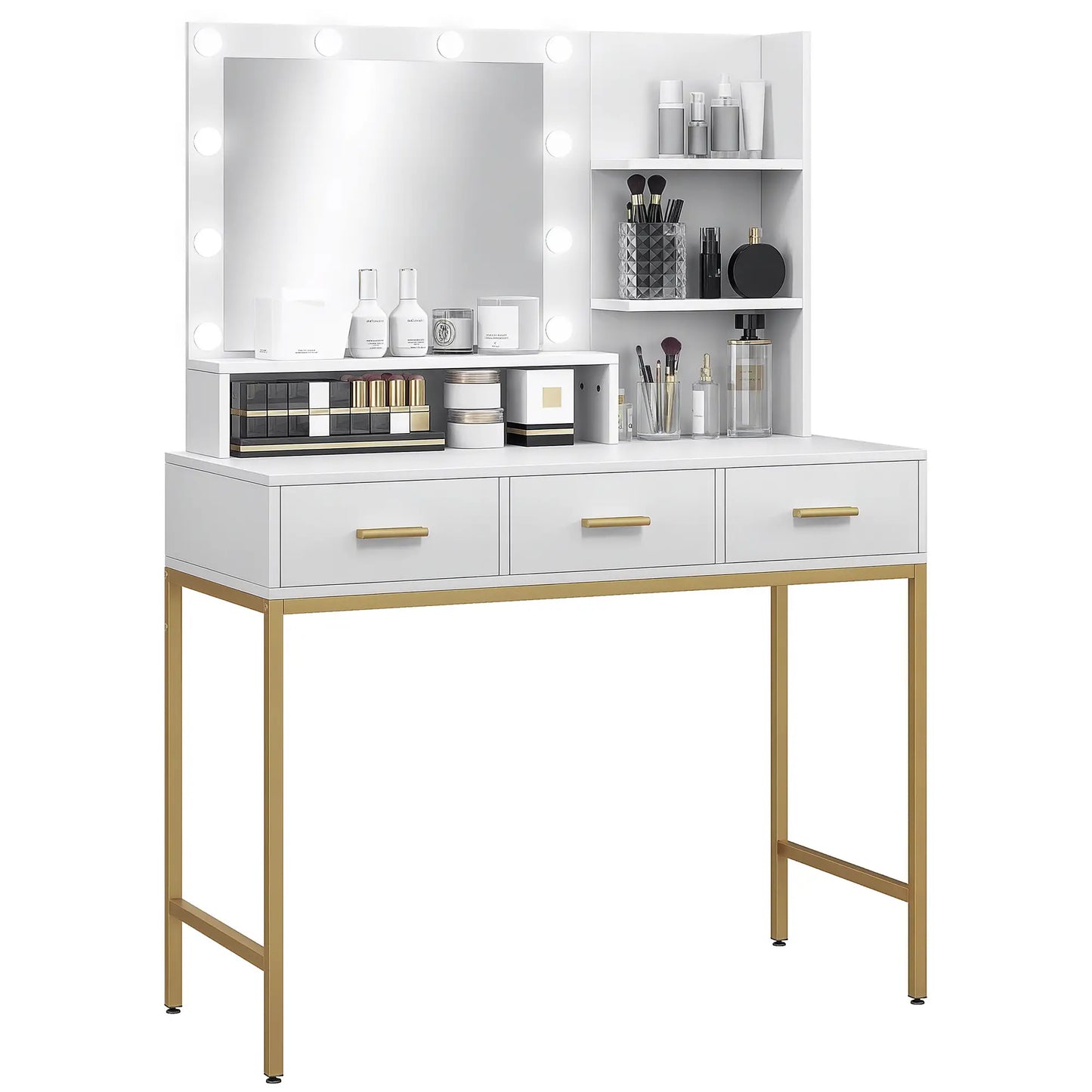 LED Vanity Table with Mirror, 3 Drawers, Storage Shelves, White Dressing & Vanity Tables at Gallery Canada