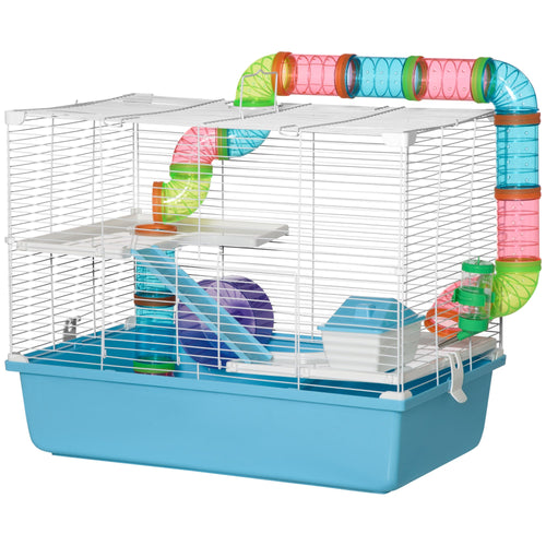 3-Tier Large Toy-Filled Steel Small Animal Cage, Includes Exercise Wheel, Water Bottle, Food Dish, Light Blue