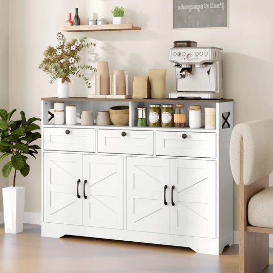 Sideboard, Buffet Cabinet with 4 Barn Doors, 3 Drawers, White Storage Cabinets White, Walnut at Gallery Canada