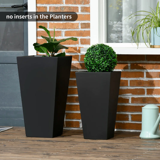 Set of 2 Tall Planters with Drainage Holes, 22" / 18" Outdoor Flower Pots for Patio, Yard, Garden, Black Garden Accessories Black at Gallery Canada