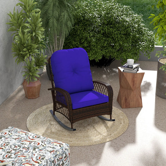 Outdoor Wicker Rattan Rocking Chair, Thick Cushions, Dark Blue Outdoor Rocking Chairs Mixed Brown Rattan, Dark Blue Cushion at Gallery Canada