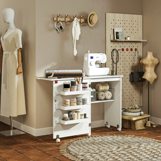 Folding Sewing Table with Storage, Lockable Wheels, White Storage Cabinets White at Gallery Canada