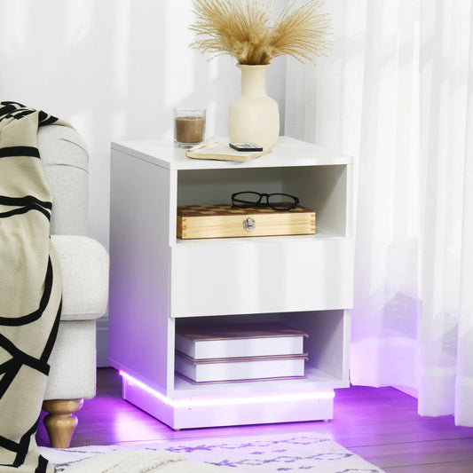 LED Nightstand with Lights, Drawer, 2 Shelves, Remote, 15.7 Inch Bedside Tables White at Gallery Canada