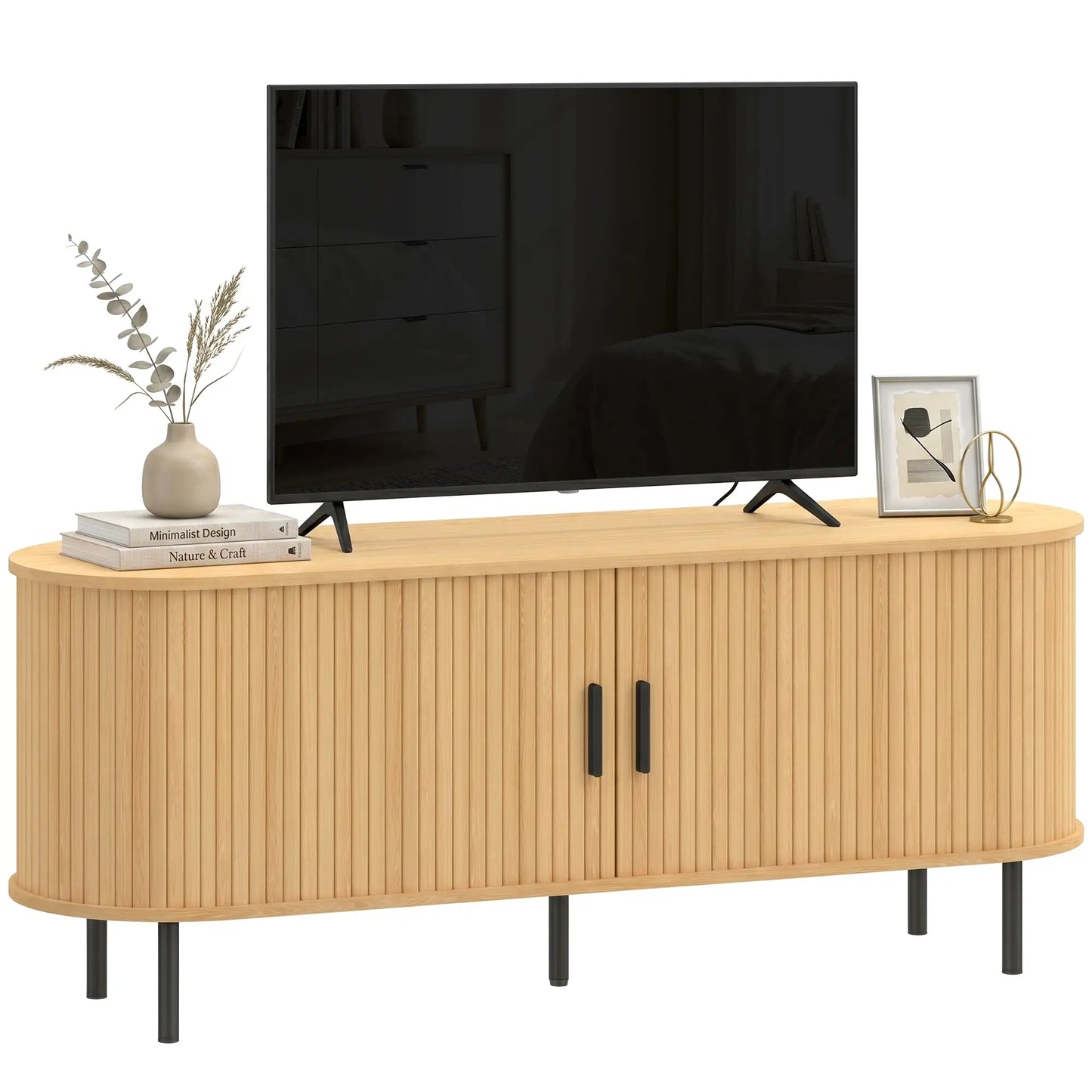 TV Stand for TVs up to 60", Modern Entertainment Center with Curved Sliding Doors, Natural Wood