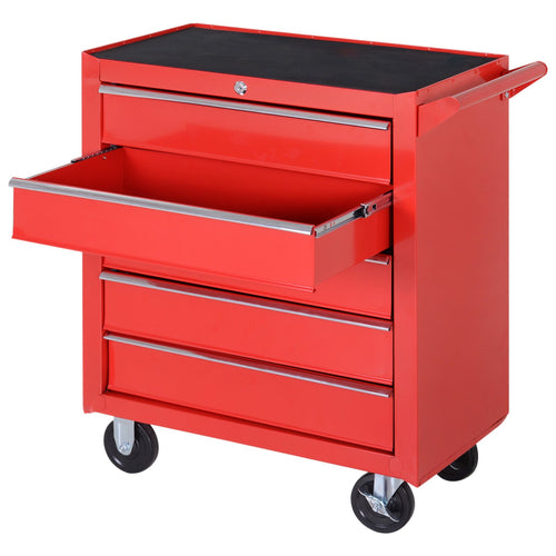 5 Drawer Roller Tool Chest, Mobile Lockable Toolbox, Storage Organizer with Handle for Workshop Mechanics Garage, Red