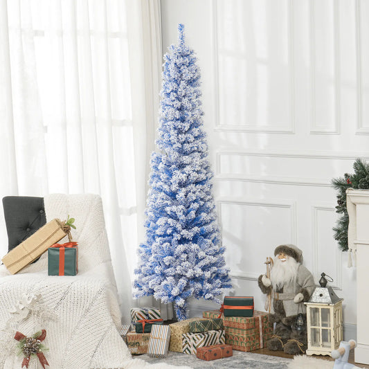 6ft Flocked Pencil Christmas Tree, Realistic Branch Tips, Blue