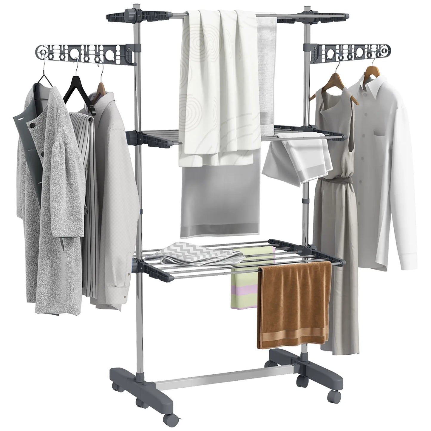 3-Tier Foldable Clothes Drying Rack, Stainless Steel, 6 Castors, Grey