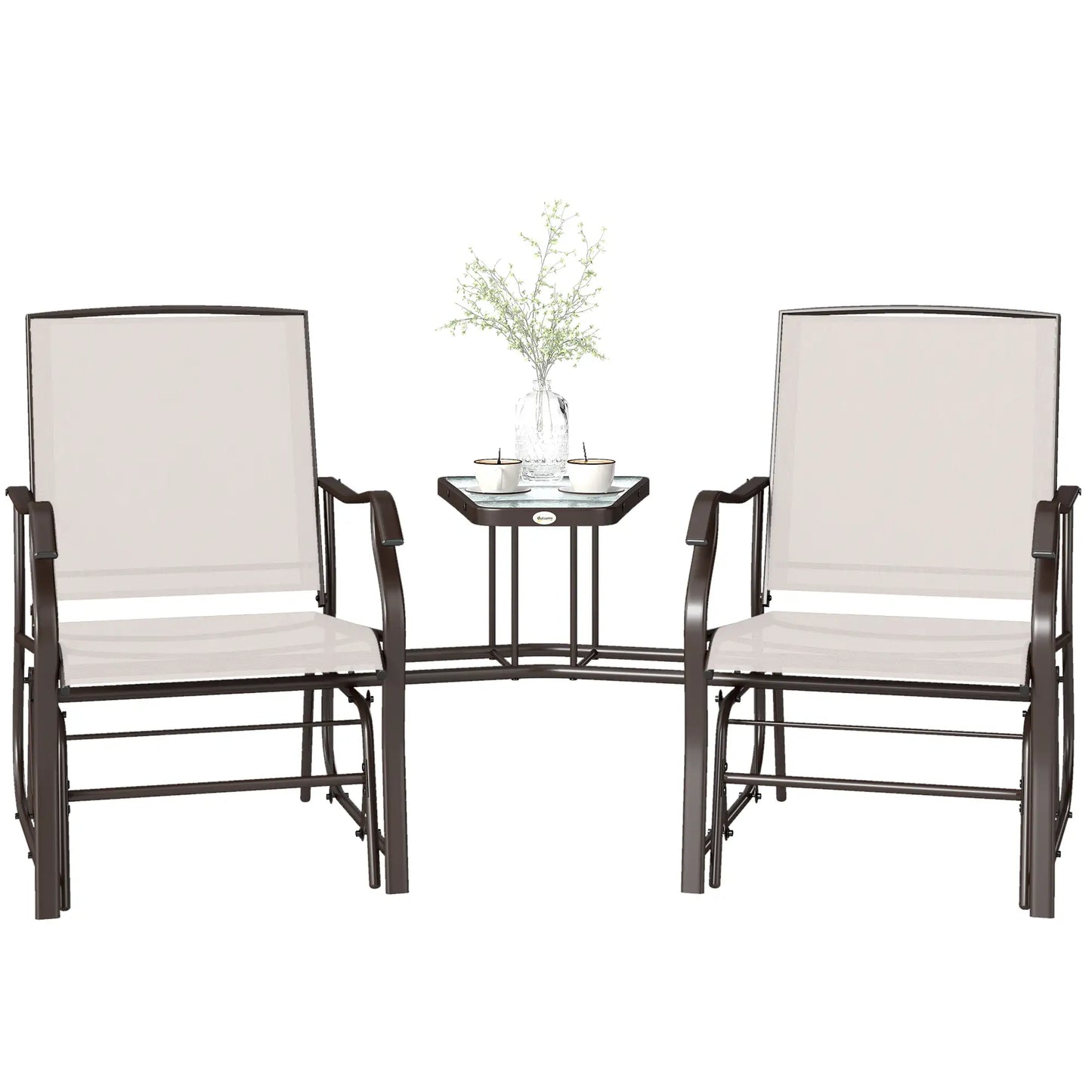 Double Glider Chair, Glass Top Table, High Back, Sling Fabric, Beige Outdoor Gliders at Gallery Canada