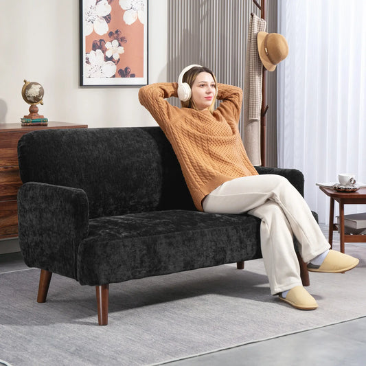 Velvet Fabric 2 Seater Sofa, Small Loveseat 8.3" Thick, Black 2-Seater Sofas Black at Gallery Canada
