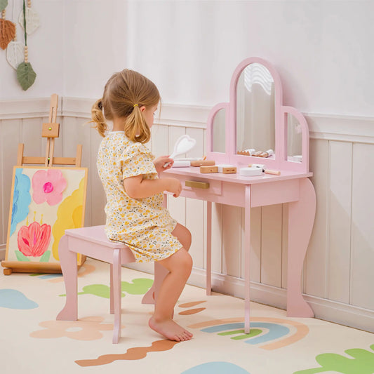 Kids Dressing Table and Chair Set, Makeup Desk with Drawer, 3-6 Years, Pink Kids Bedroom Furniture Pink at Gallery Canada