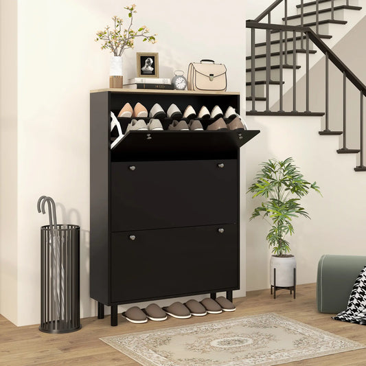 Shoe Storage, 3 Flip Drawers, Adjustable Shelves, 24 Pairs, Black Shoe Storage Cabinets & Racks Black, Light Oak at Gallery Canada