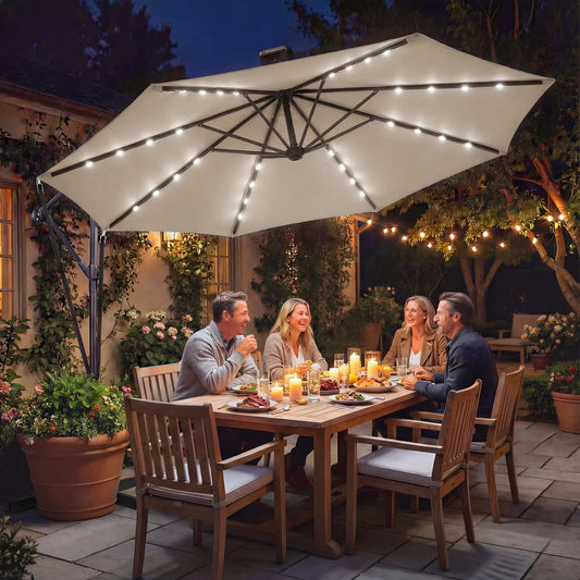 11.3 ft Cantilever Patio Umbrella With Light, Cover, Aluminium UPF50+, Khaki Offset Cantilever Umbrellas Khaki at Gallery Canada