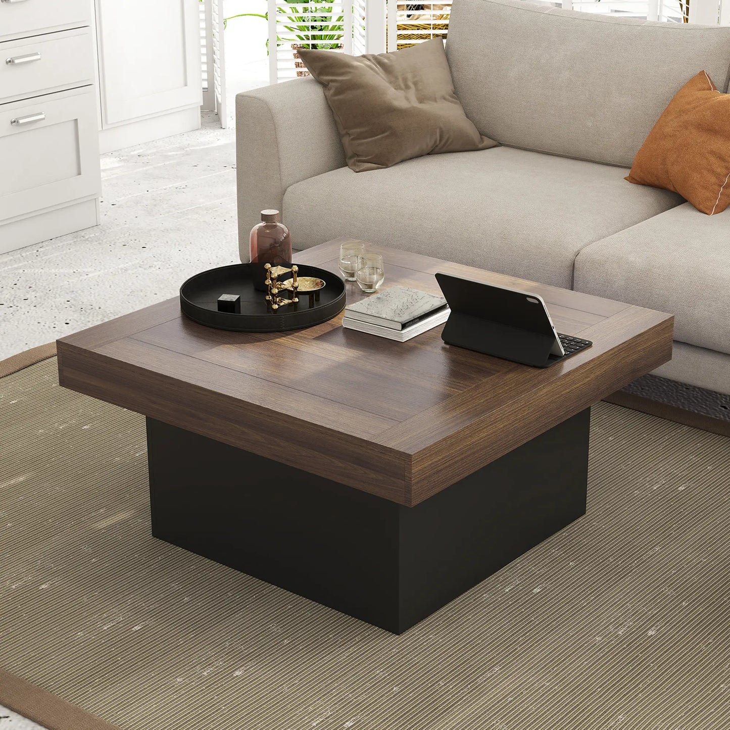 Square Coffee Table with LED Lights, 35-inch, Walnut Coffee Tables at Gallery Canada