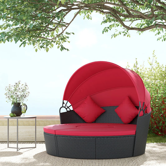 4-Piece Round Sofa Bed, Outdoor Daybed with Canopy, PE Rattan Wicker Lounge Chair Daybeds Black Rattan, Red Cushion at Gallery Canada