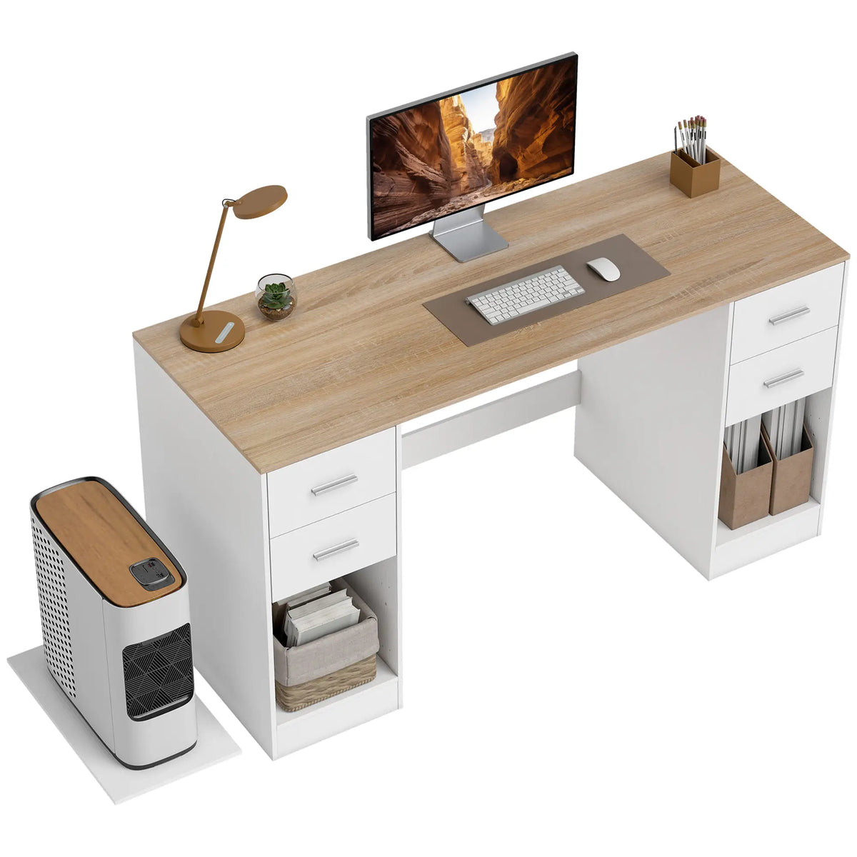 55 Inch Office Desk, White Wood Grain, 4 Reversible Drawers, Adjustable Shelf, White Computer Desks at Gallery Canada