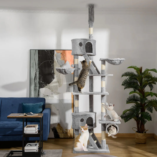 94"-102" Cat Tree, Ceiling High Condo, Scratching Post, Multi-Level Play House, Light Grey