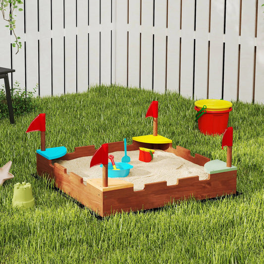 Kids Wooden Sandbox, 4 Colorful Seats, Ground Liner, Brown Sandboxes & Accessories Wooden Brown, Orange, Blue, Yellow, Green at Gallery Canada