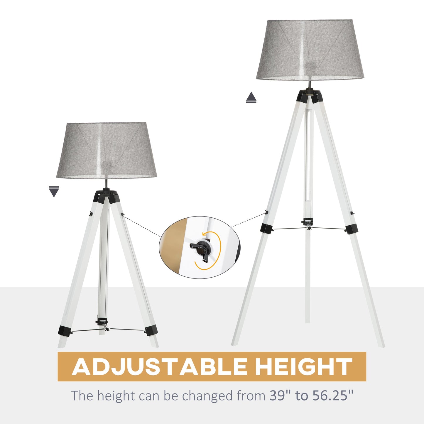 Tripod Floor Lamp, Adjustable Height Wooden Standing Lamp with E26 Lamp Base for Living Room, Bedroom, White and Grey at Gallery Canada