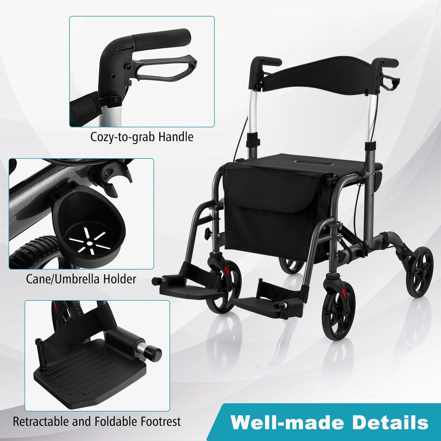 2-In-1 Adjustable Folding Rollator Walker With Storage, Black