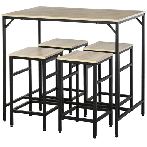 5-Piece Industrial Rectangular Bar Table Set, 4 Stools, Oak