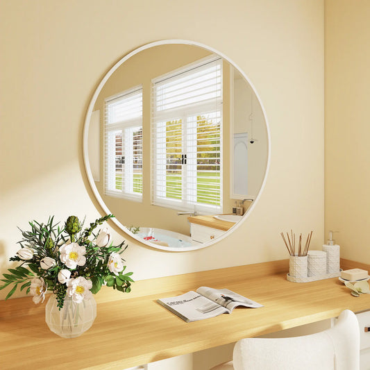 36" Round Mirror, Metal Frame, Bathroom Wall Mirror, White Wall Mirrors White at Gallery Canada