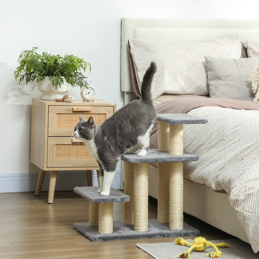 Cat Stairs with 2 Sisal Scratching Posts, 3-Tier Adjustable, Grey Dog Stairs Grey, Cream White at Gallery Canada