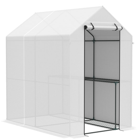 73" x 47" x 75" Walk-in Greenhouse Outdoor Portable Plant Flower Growth Warm House Garden Tunnel Shed w/ Roll-up Door and 2 Shelves White at Gallery Canada