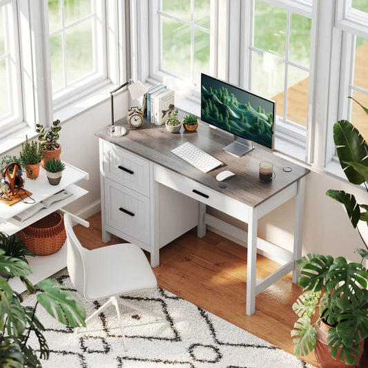Farmhouse Computer Desk, 3 Drawers, Wood Grain Top, White Computer Desks White at Gallery Canada