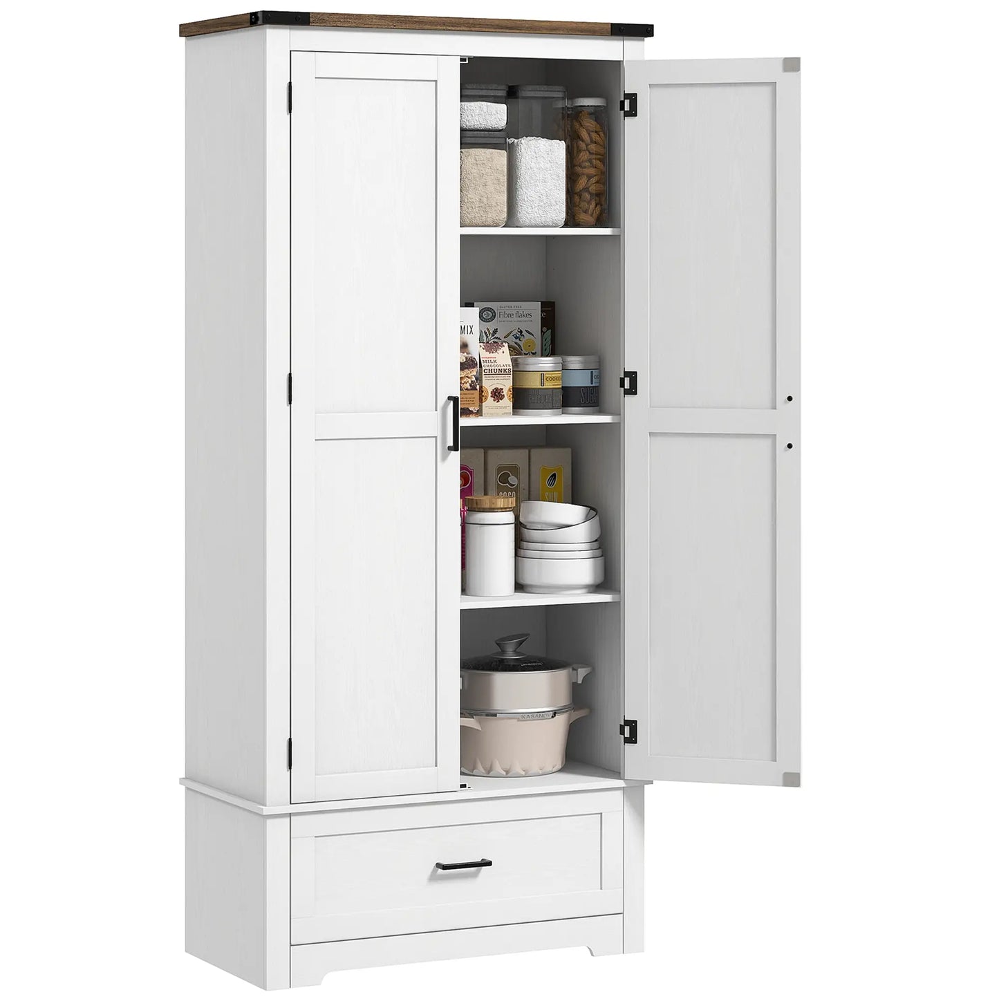 69" Tall Farmhouse Pantry Cabinet, 2 Doors, Drawer, Adjustable Shelves, White Kitchen Pantry Cabinets at Gallery Canada