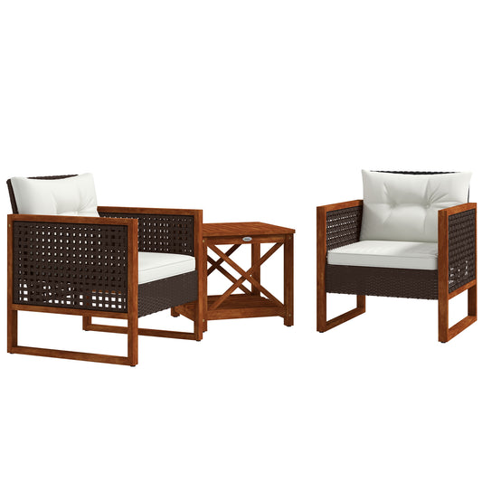 3 Pieces Wicker Patio Set Wooden Conversation Set with 2 Armchairs, Cushions, for Garden, Backyard, Deck, Brown