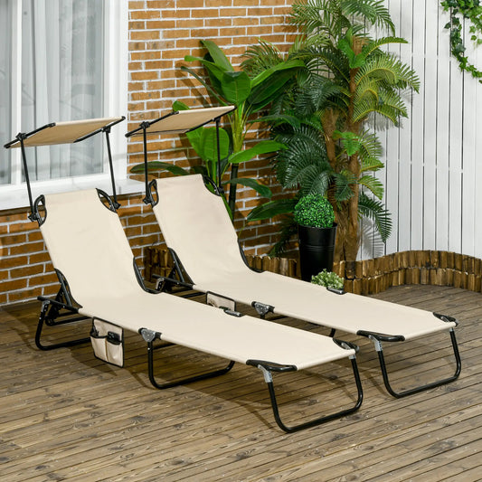 2 Piece Folding Chaise Lounges, Reclining Back, Sunshade, Pool, Beach, Patio Lounger Chairs Tan Fabric, Black Matte Frame at Gallery Canada
