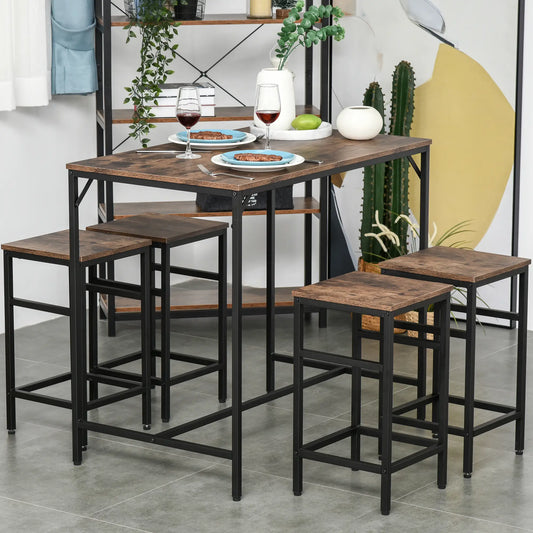 5-Piece Industrial Rectangular Bar Table Set, 4 Stools, Rustic Brown, Brown Bar Sets Black, Rustic Brown at Gallery Canada
