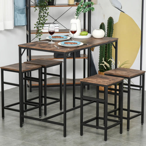 5-Piece Industrial Rectangular Bar Table Set, 4 Stools, Rustic Brown, Brown